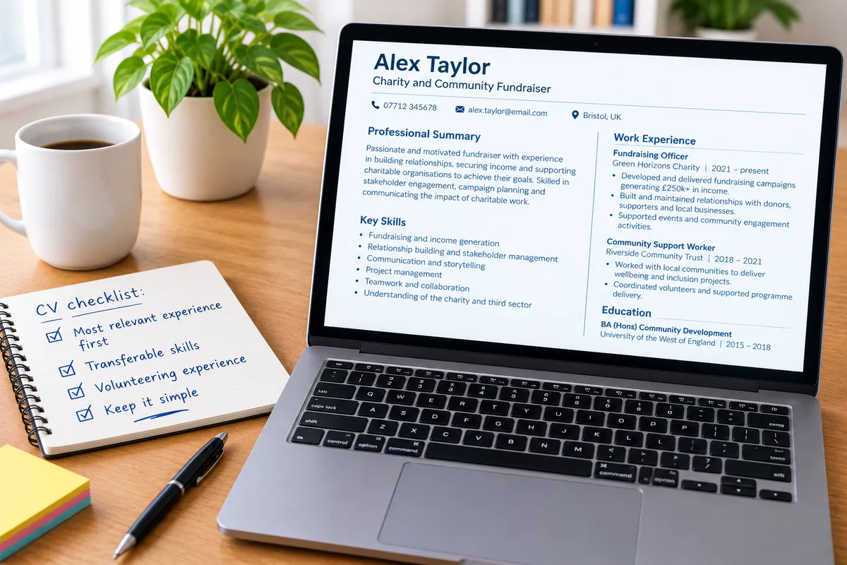 A Charity Sector CV written on a laptop